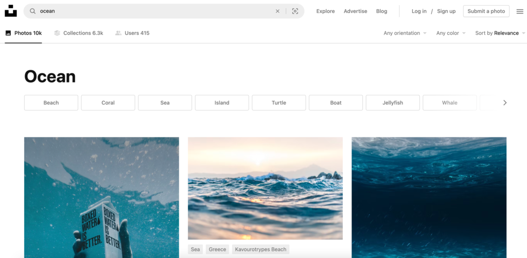 Unsplash検索画面 ocean