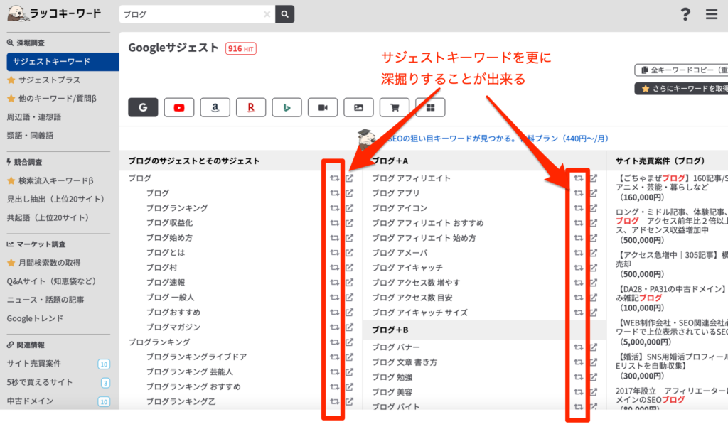 サジェストキーワードを更に深掘りすることが可能