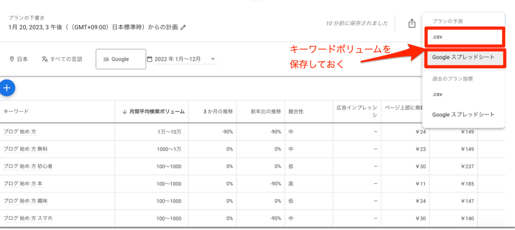 CSVかGoogleスプレッドシートに保存しておく